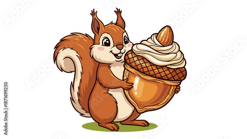 Cartoon Squirrel Hugging Giant Acorn Ice Cream, Happy Mascot Vector Illustration, isolated on transparent background, Cute Animal Character Design for Kids