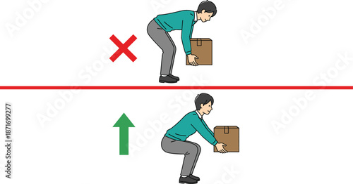 Flat vector illustration showing correct and incorrect manual handling techniques for lifting boxes to prevent back injury, ensuring workplace safety and ergonomic health.