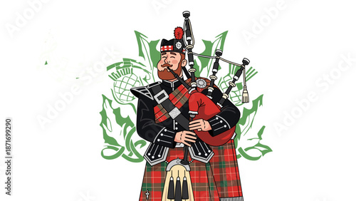 Happy Bagpiper Playing Music, Traditional Scottish Culture Celebration, Isolated on transparent background, Vector Illustration for Saint Patrick's Day and Celtic Events