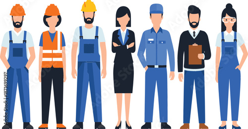 Flat vector illustration of professional workers and industrial employees including construction staff, office manager, and technical service people for labor and employment concepts.