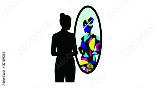 Woman Looking at Mirror, Colorful Reflection: Identity, Self-Discovery, and Self-Esteem Concepts. Psychological and Emotional Growth. Isolated on transparent background.