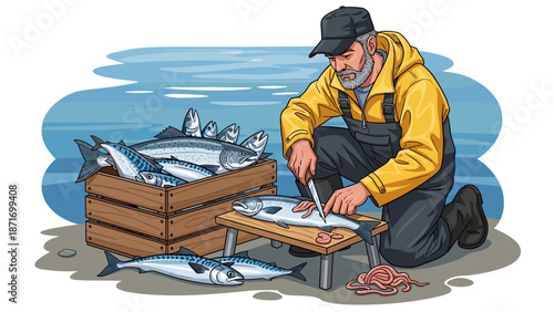 Fisherman Cleaning Freshly Caught Fish on the Shore - Vector Illustration of Seafood Preparation, Isolated on transparent background for Creative Projects