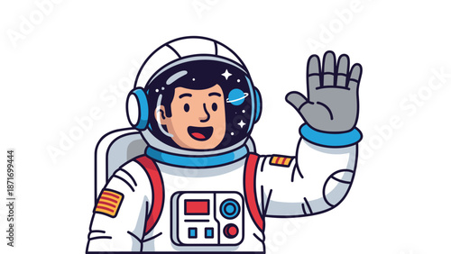 Smiling Cartoon Astronaut Waving Hello in Spacesuit - Upbeat Adventure Illustration, Cosmic Exploration, Isolated on transparent background, Vector Artwork for Kids