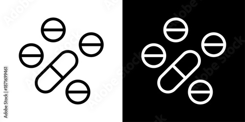 Tablets icon representing medication, pharmaceutical treatment, healthcare therapy, prescribed drugs, and medical care services.