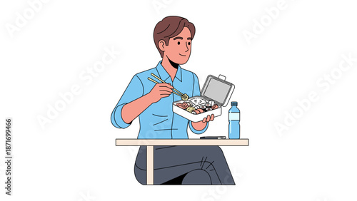 Lunch Break: Happy Professional Man Eating Healthy Bento Box with Chopsticks, Isolated on Transparent Background, Promoting Wellness and Mindfulness at Work