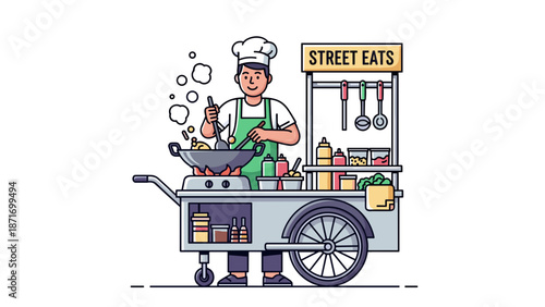 Happy Chef Cooking Street Food, Vector Illustration. Street Eats Vendor Cartoon Character isolated on transparent background. Food Cart, Asian Cuisine Concept.