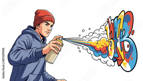 Street Artist Spraying Graffiti: Vector Graphic of a Creative Man with Aerosol Can Creating Colorful Urban Art, Isolated on transparent background. Artistic Expression and Youth Culture.