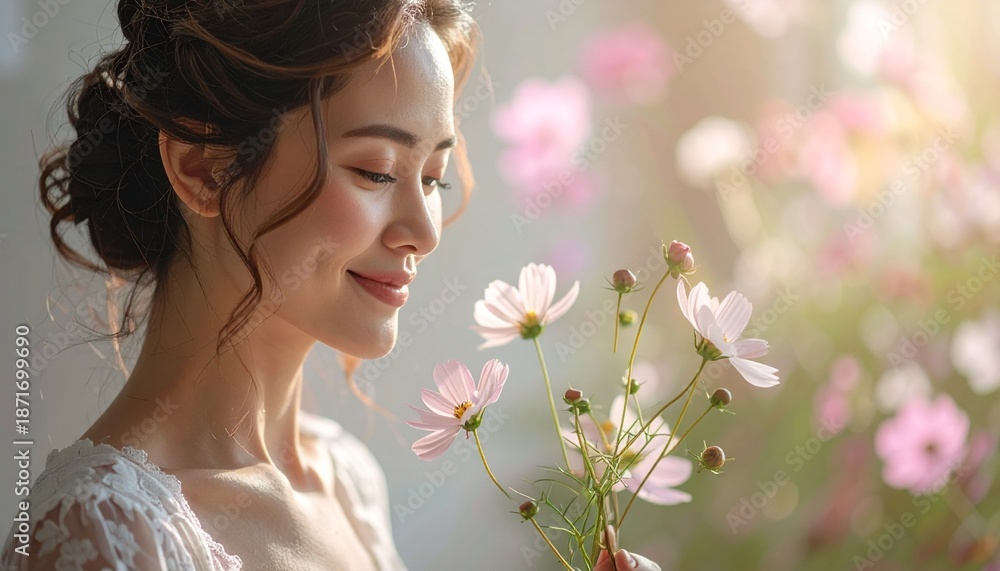 Naklejka premium Woman enjoying the scent of cosmos flowers, bathed in soft sunlight, serene and peaceful moment.