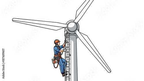 Wind Turbine Technician Vector Illustration: Climbing for Clean Energy, Skilled Worker Inspection, Maintenance and Repair - Isolated on transparent background