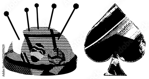 Vintage Sewing Pin Cushion with Pins and Playing Card Spade Symbol