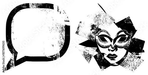 Vintage Speech Bubble and Masquerade Mask Silhouettes in Grunge Style
