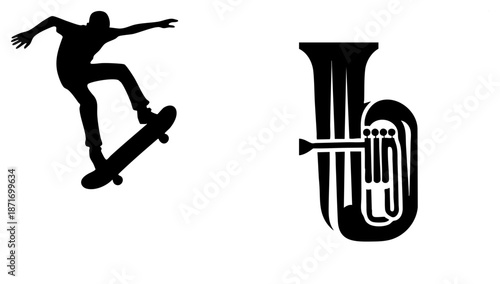 Skateboarder Silhouette and French Horn Music Instrument