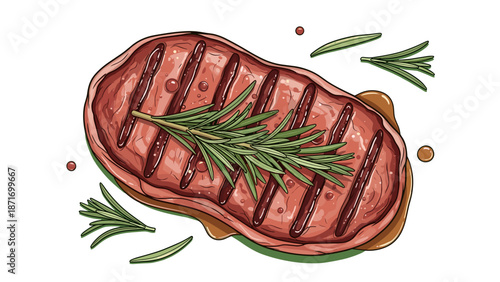 Delicious Grilled Steak Vector Illustration with Rosemary, Juicy and Fresh, isolated on transparent background. Perfect for food blogs, restaurant menus, or culinary designs.