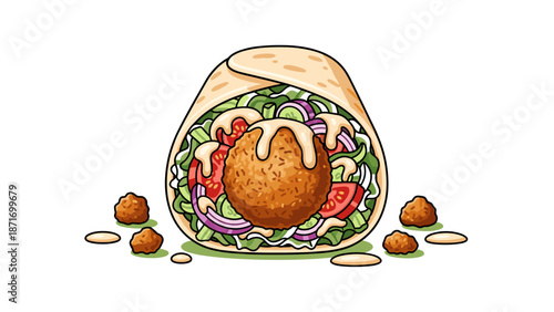Delicious Falafel Wrap Vector Illustration: Healthy Mediterranean Food, Fresh Salad, and Creamy Sauce isolated on transparent background. Perfect for Restaurant Menus!