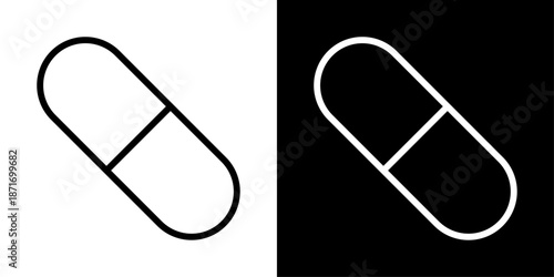 Capsule icon representing medicine dosage, pharmaceutical treatment, drug therapy, healthcare medication, and medical supplies.