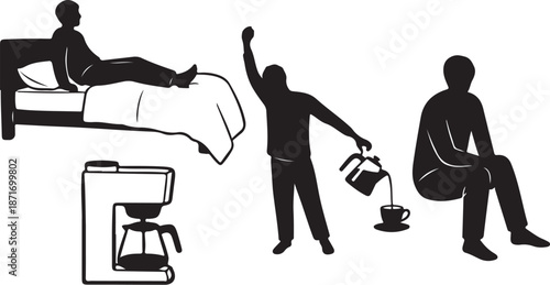 Silhouette of people in morning routine with coffee