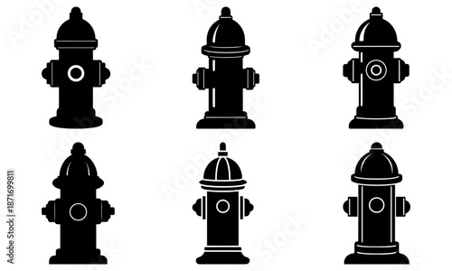 Six Different Fire Hydrant Silhouettes on White Background black