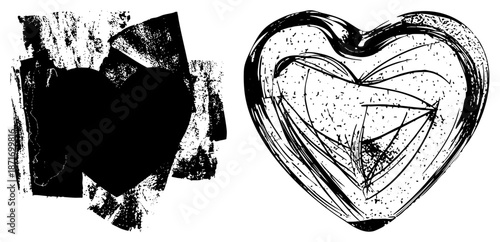 Abstract Heart Shapes in Grunge Sketch Style with Textured