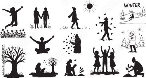 Winter Silhouette People Vector Illustrations Set