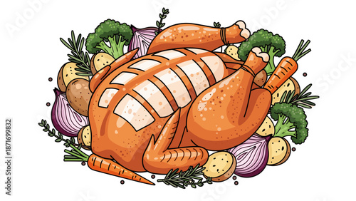 Cartoon Roasted Turkey Vector Illustration: Thanksgiving Holiday Feast with Fresh Vegetables, Isolated on transparent background. Celebration Dinner Graphic Design Element.