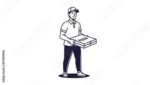 Happy Pizza Delivery Guy Holding Pizza Box Vector Illustration Isolated on Transparent Background, Delivering Fresh Food, Fast Service, Takeout, Online Order.