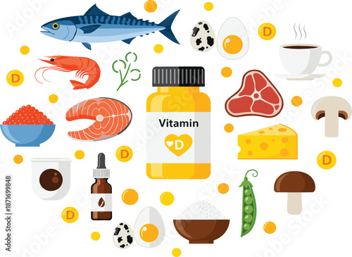 Healthy food sources of Vitamin D flat vector illustration set with fish, eggs, mushrooms, cheese, supplements, and meat for nutrition and wellness concepts.