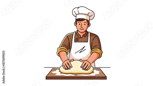Happy Baker Kneading Dough - Vector Illustration of Culinary Excellence, Bakery Freshness, isolated on transparent background for Authentic Food Creations