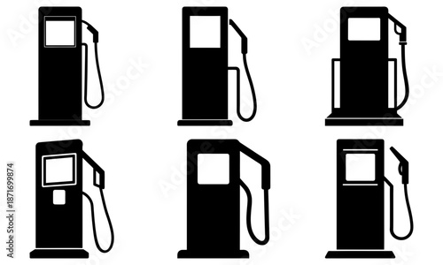 Five black gas pumps with nozzles on white background fuel pump gas station