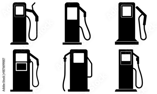 Five black gas pumps with nozzles on white background fuel pump silhouette