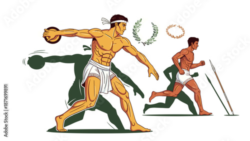 Ancient Greek Olympic Athletes Discus Thrower and Spear Runner with Laurel Wreath, Symbol of Victory. Vector Illustration isolated on transparent background.