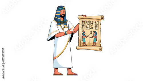 Ancient Egyptian Pharaoh Explaining Hieroglyphs Scroll Isolated on Transparent Background. Historical Egyptology Vector Illustration for Education or Museums