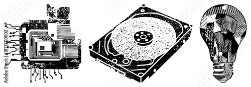 Vintage Tech Circuit Board, Hard Drive, and Light Bulb in Retro Graphic Style