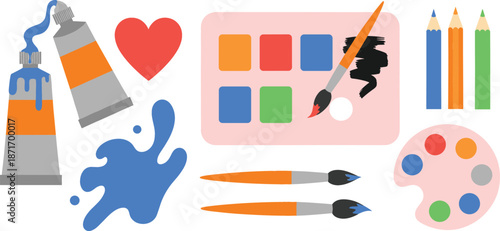 Flat vector illustration of art supplies set featuring paint tubes, watercolor palette, brushes, colored pencils, and heart for creativity, education, and school projects.