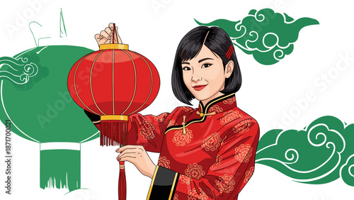 Beautiful Asian Woman Holding Festive Red Lantern for Chinese New Year Celebration - Isolated on transparent background vector graphic, prosperity and good fortune.