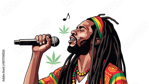 Rasta Reggae Singer with Microphone Vector Illustration, Soulful Performer Isolated on Transparent Background, Musical Notes and Cannabis Leaves, Jamaica Culture