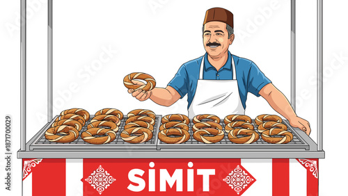 Turkish Simit Seller Vector Illustration: Smiling Cartoon Vendor with Traditional Bread Rings Isolated on Transparent Background, Authentic Street Food Culture Concept