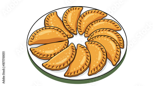 Golden Empanadas Illustration: Delicious Pastry on Plate, Festive Appetizer, Savory Snack, Latin American Cuisine, Culinary Art, Isolated on transparent background.