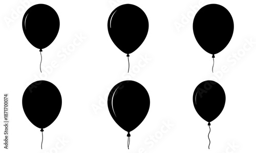 Six Black Balloons with Strings on a White Background floating