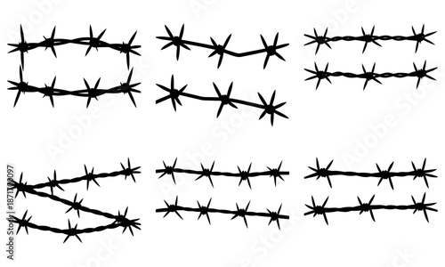 Barbed wire fence with sharp barbs on white background black