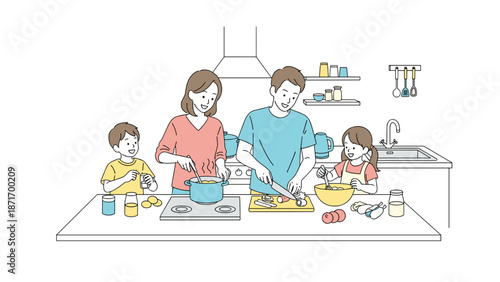 Happy Family Cooking Dinner Together Vector Illustration, Mom Dad Children Preparing Healthy Meal in Kitchen, Cartoon Style Artwork isolated on transparent background