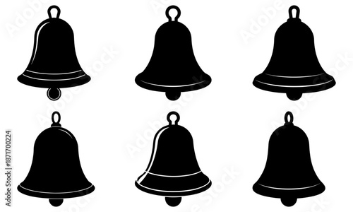 Six black bell with transparent background white background silhouette