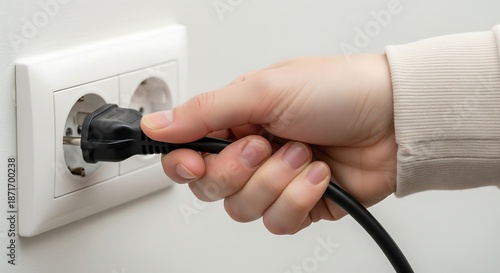 A person's hand is plugging a black electrical cord into a white double wall socket, connecting a device to power.