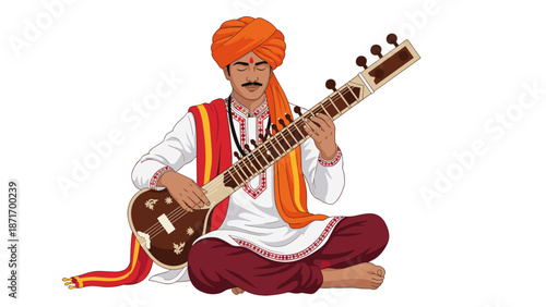 Indian Musician Playing Sitar with Devotion, Traditional Clothing, Isolated on transparent background. Vector Art for Cultural Events and Festive Backgrounds
