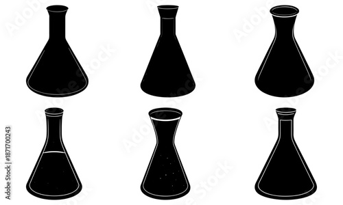 Five Black Conical Laboratory Flask Silhouettes on White Background conical flask Erlenmeyer flask