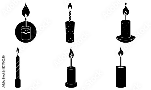 Set of lit and unlit candles with flames and decorative on white background
