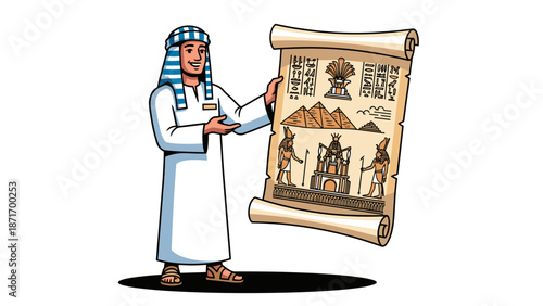 Cartoon Egyptian Man Holding Ancient Scroll with Hieroglyphs, Pharaohs, Pyramids, Gods. Historical Presentation, Isolated on transparent background. Vector Illustration for Stock.