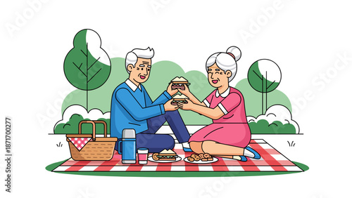 Happy Senior Couple Enjoying Picnic Illustration, Retired Life, Vector Graphic, Healthy Lifestyle, Outdoors, Active Retirement, Isolated on transparent background