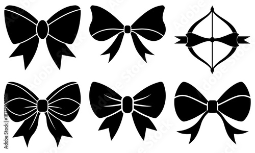 Six black and white bow tie silhouettes with transparent background formal
