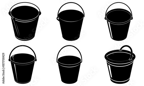 Six black plastic buckets with handles on white background silhouette