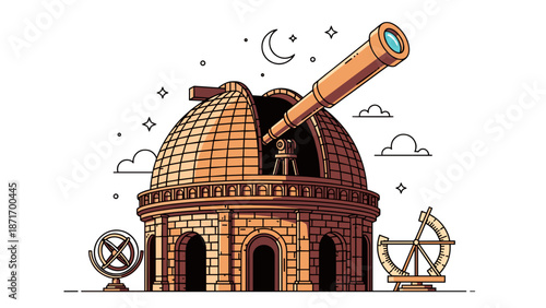 Cartoon Observatory with Telescope, Moon and Celestial Orbs: Science Education & Cosmic Exploration, Vector Illustration isolated on transparent background for Learning.